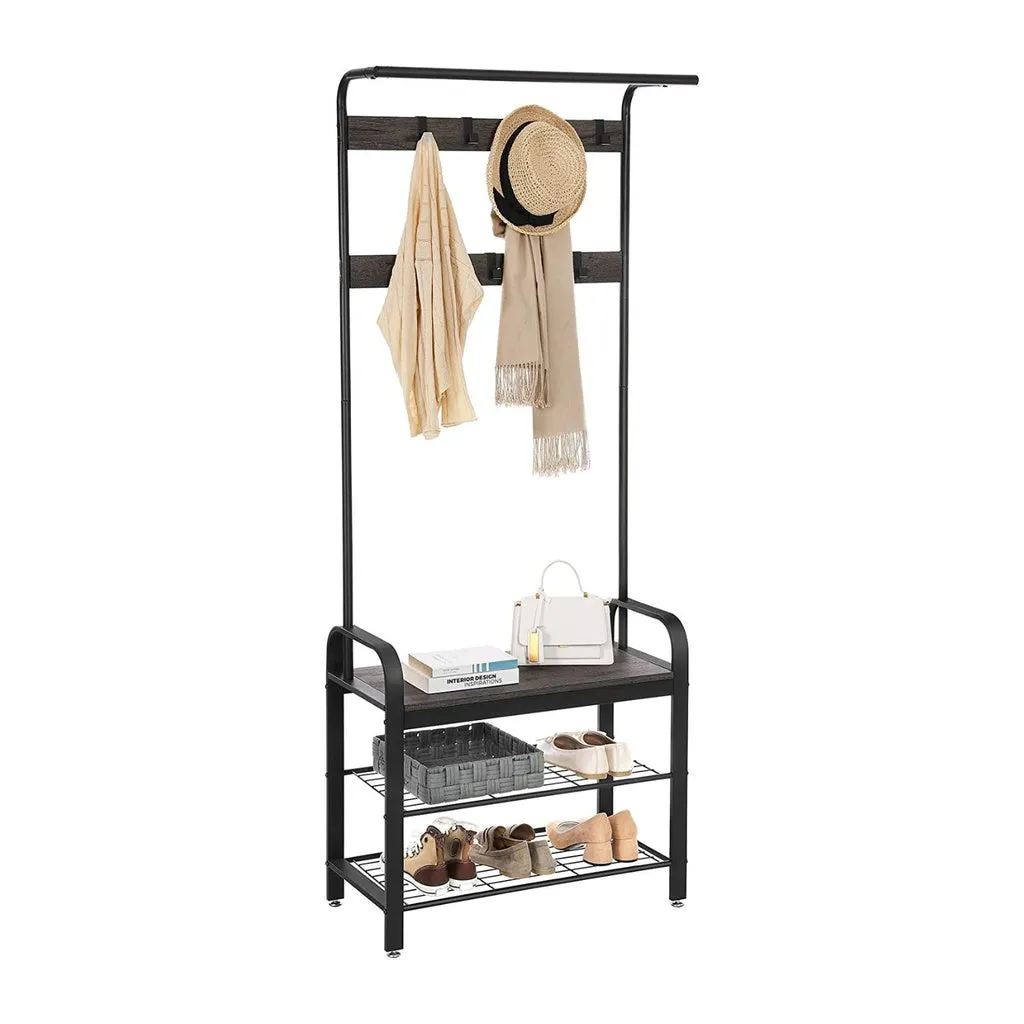 9-Hook Coat Rack Stand with Shoe Bench, Hazelnut Brown/Black