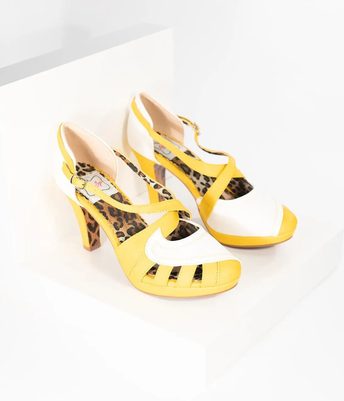 Bettie Page Yellow & White Leatherette Criss Cross Angie Heels