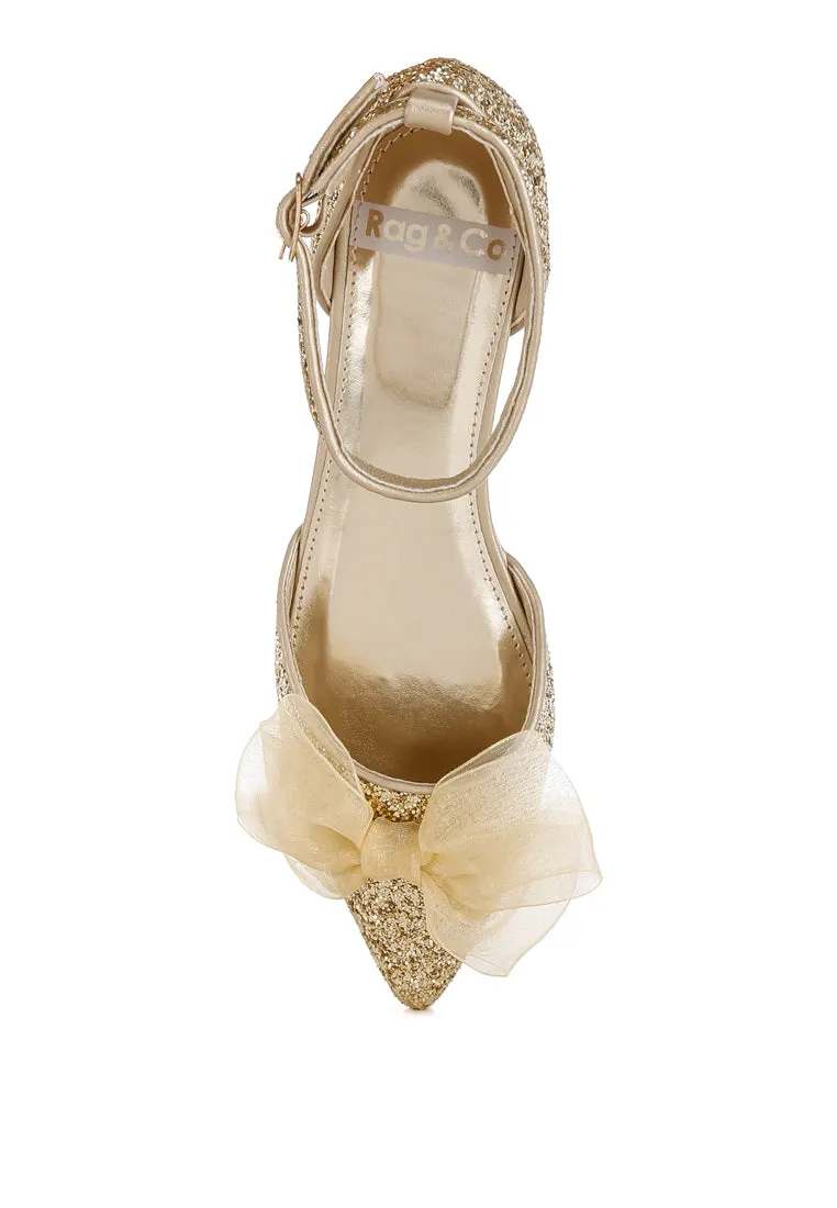 Clarice Sheer Bow Detail Glitter Flat Sandals