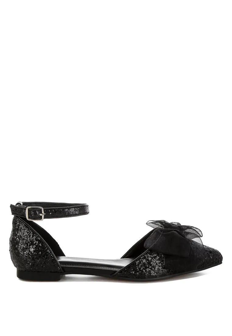 Clarice Sheer Bow Detail Glitter Flat Sandals