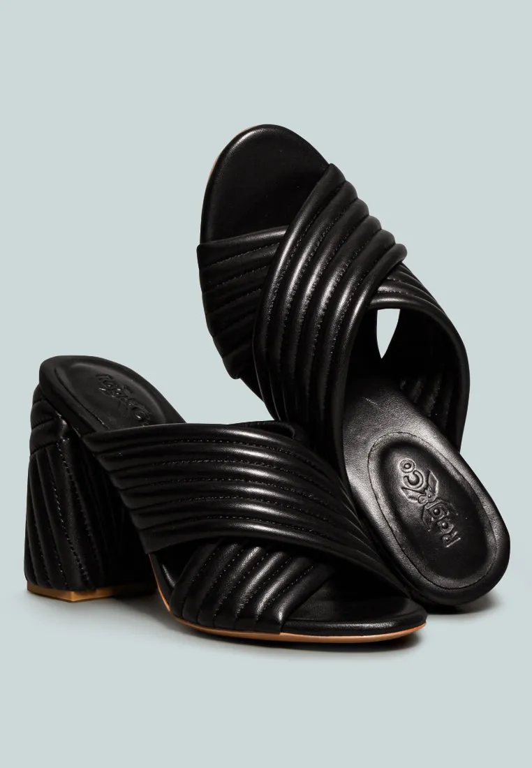 HUTTON Black Quilted Block Heel Leather Sandals