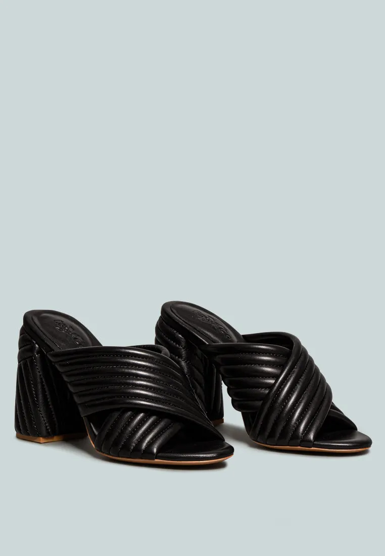 HUTTON Black Quilted Block Heel Leather Sandals