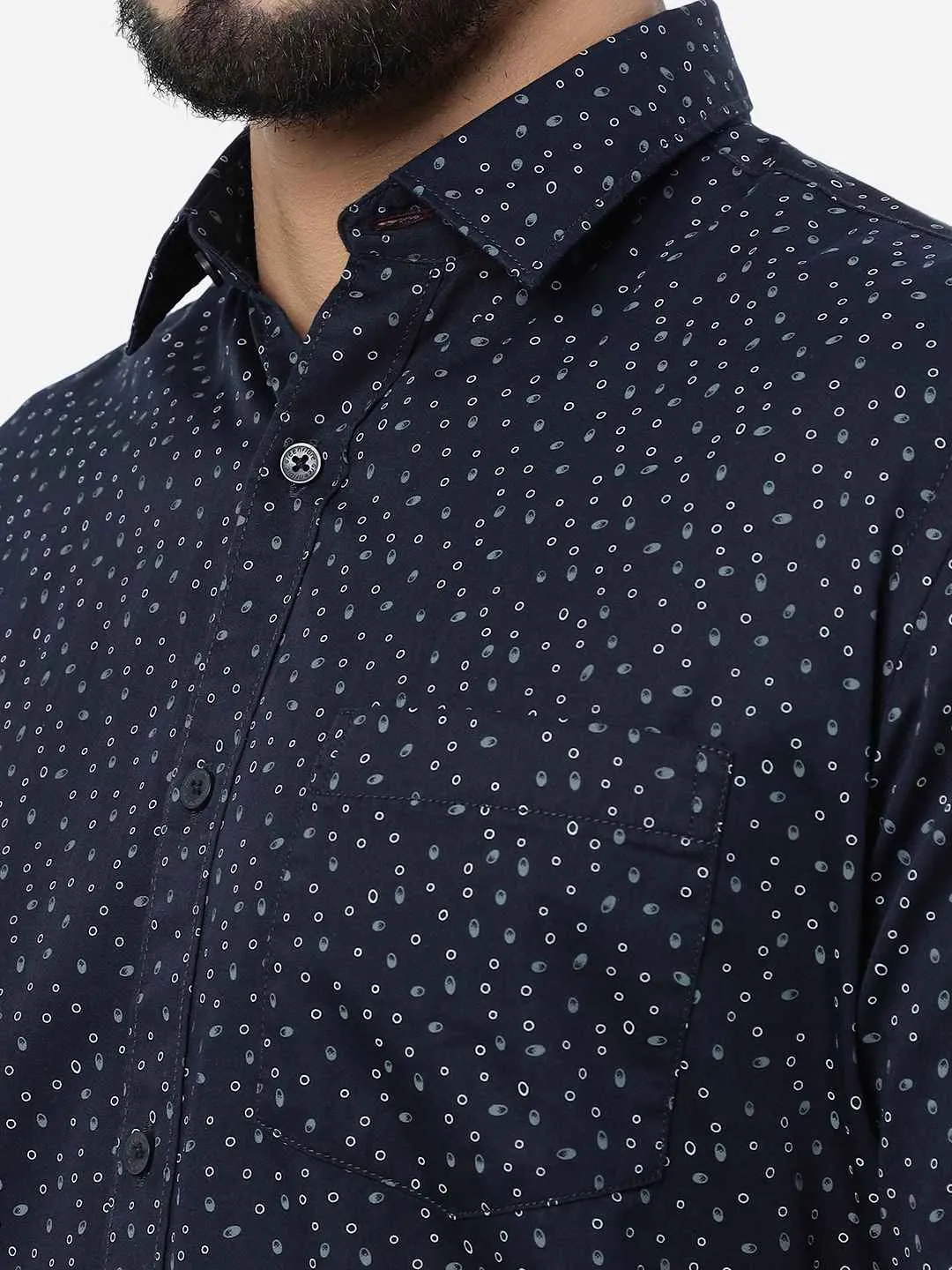 Navy Blue Printed Smart Fit Semi Casual Shirt | Greenfibre