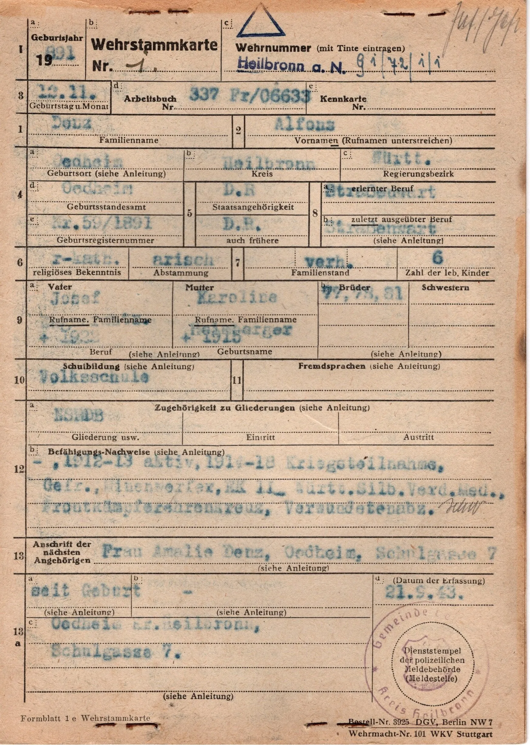 Original German WWI - WWII Medal Bar & Document Grouping with EKII and Kingdom of Württemberg Medal