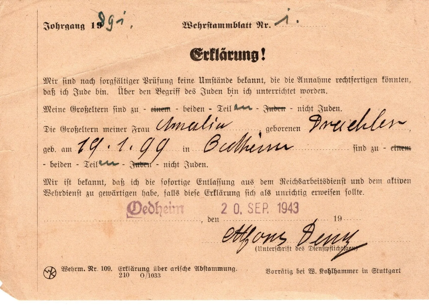 Original German WWI - WWII Medal Bar & Document Grouping with EKII and Kingdom of Württemberg Medal