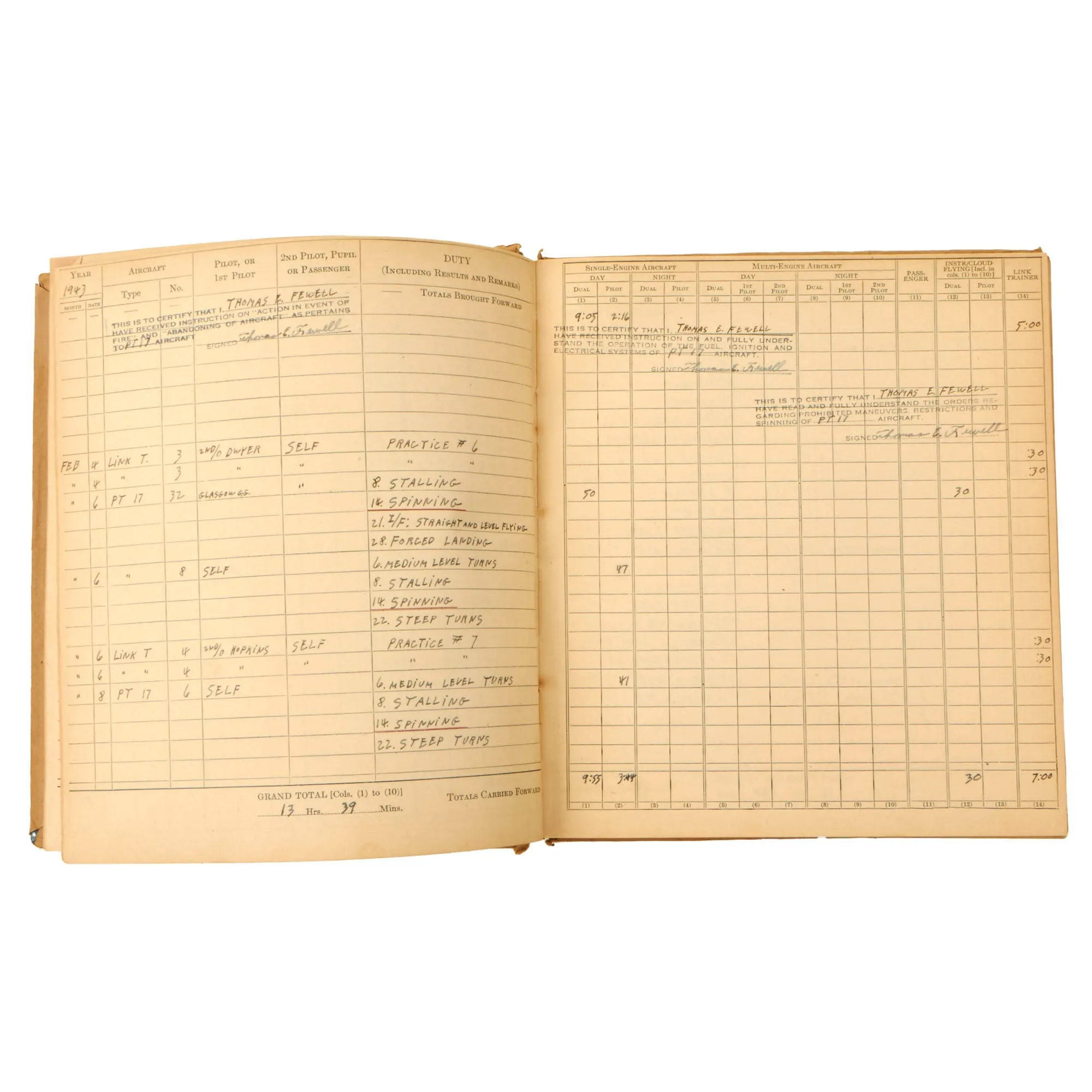 Original U.S. WWII Army Air Force Pilot’s Flying Log Book Named to Distinguished Flying Cross Recipient Thomas E. Fewell