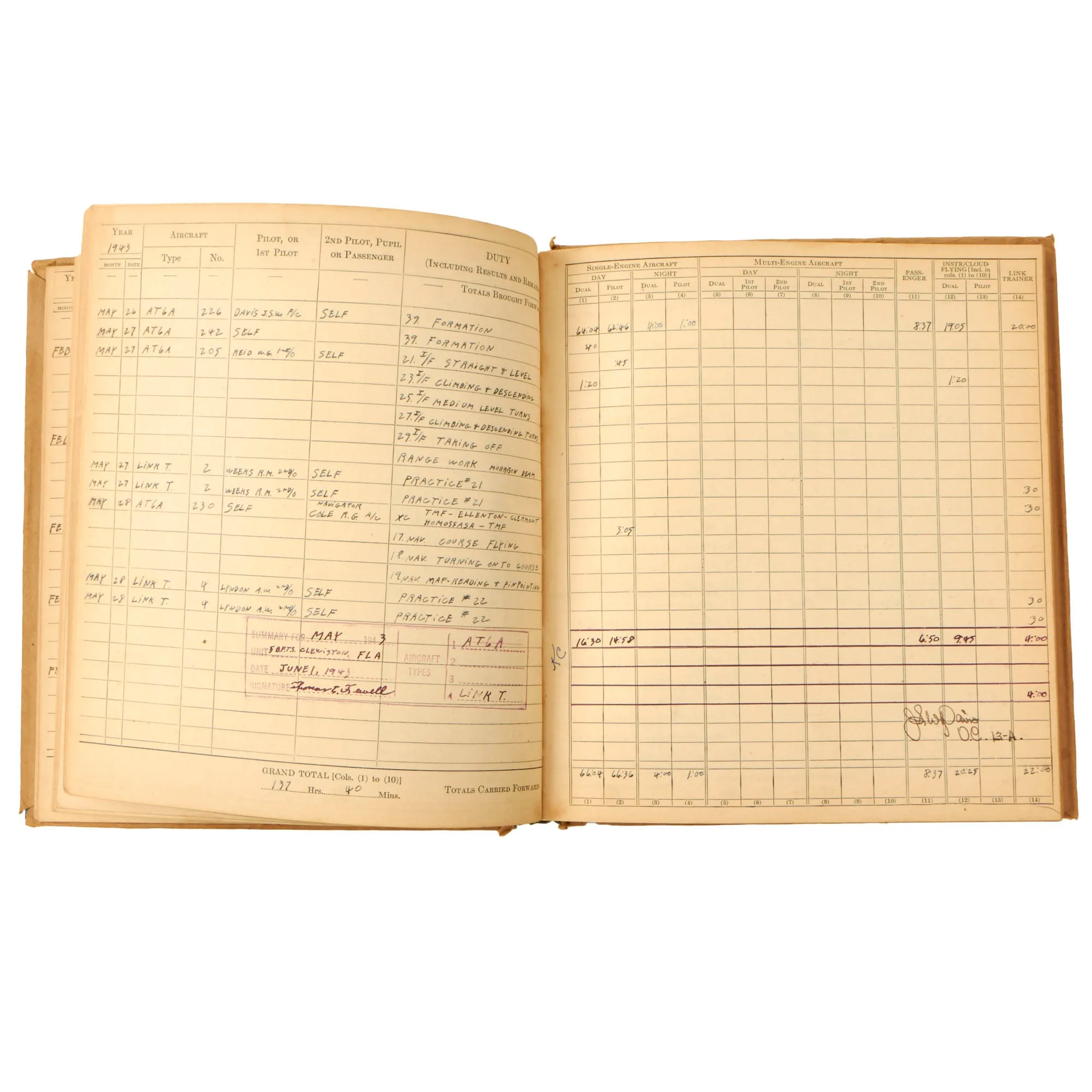 Original U.S. WWII Army Air Force Pilot’s Flying Log Book Named to Distinguished Flying Cross Recipient Thomas E. Fewell