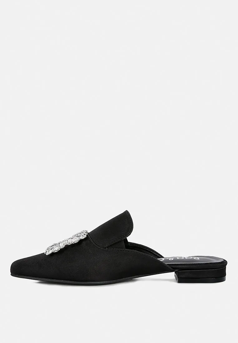 PERRINE Diamante Brooch Slip On Mules in Black