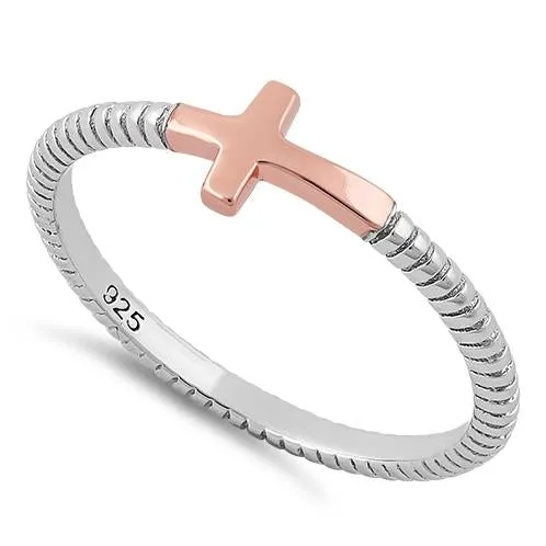 Sterling Silver Rose Gold Sideways Cross Ring